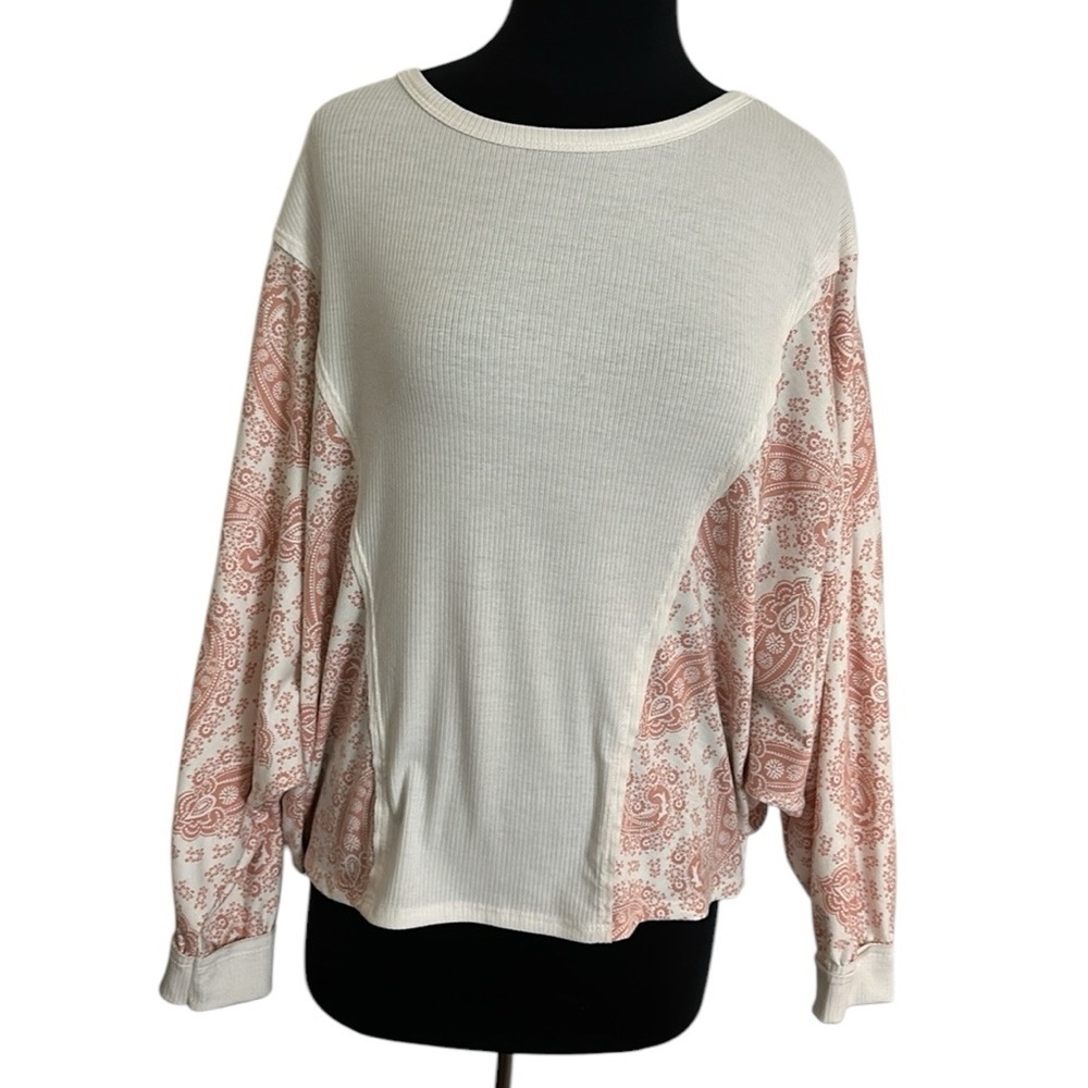 Pink Lily, white long sleeve blouse with pink and white floral on sleeves small